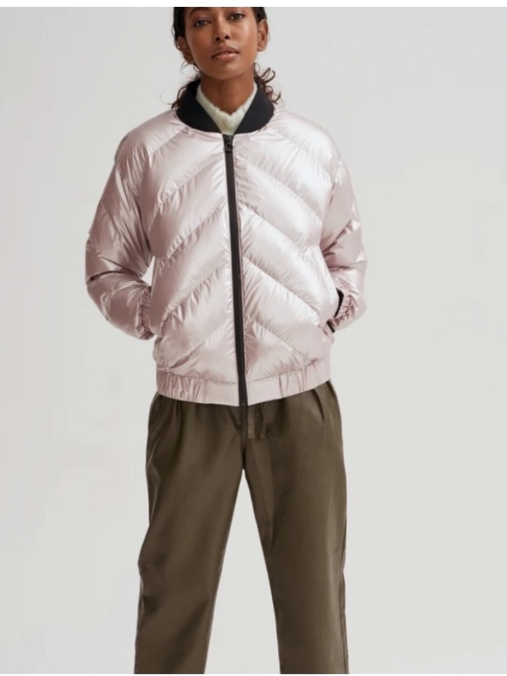 NWT Noize Amber Pink Metallic Chevron Quilted Bomber Puffer Jacket Medium